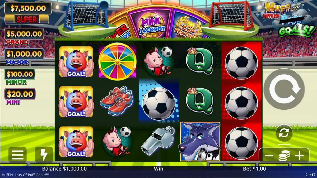 Tampilan visual slot Huff N' Lots of Goals dengan tema sepak bola dan babi