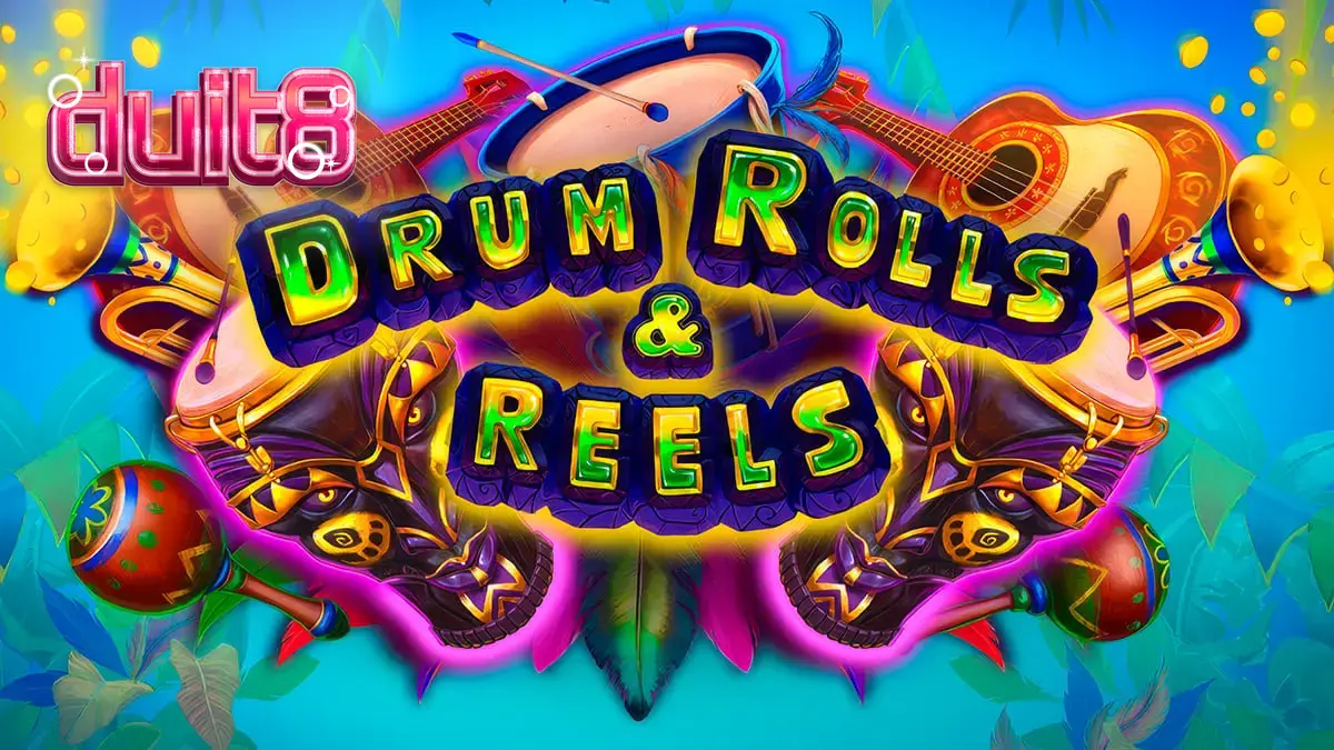 Tampilan visual slot Drum Rolls & Reels dengan tema karnaval Brasil yang meriah